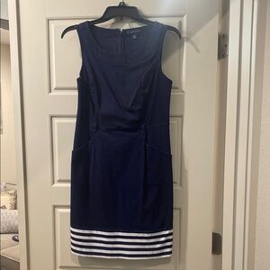 Navy Blue Sleeveless Dress with White Stripes
